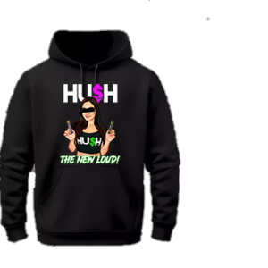 A black hoodie with the word " hush " and an image of a woman holding a cell phone.